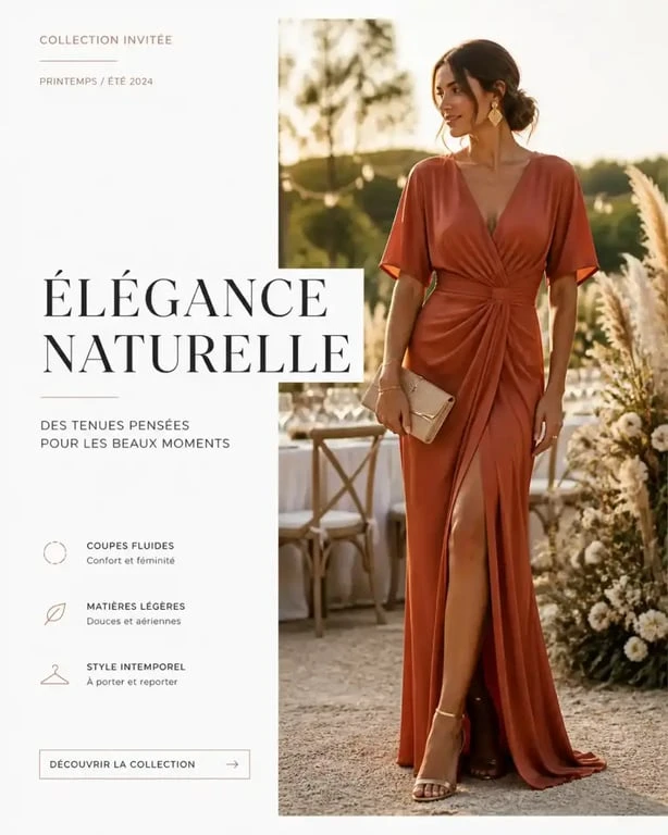 Robe terracotta portée dans une tenue élégante de cérémonie en extérieur