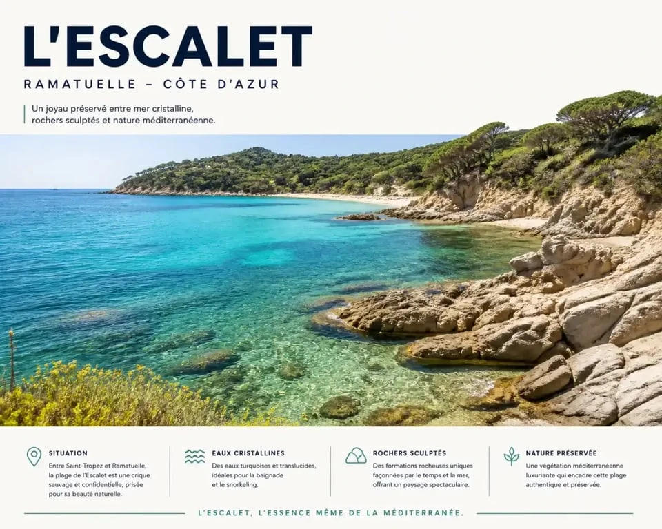 Paysage naturel de la plage de l'Escalet à Ramatuelle avec ses eaux cristallines et ses rochers