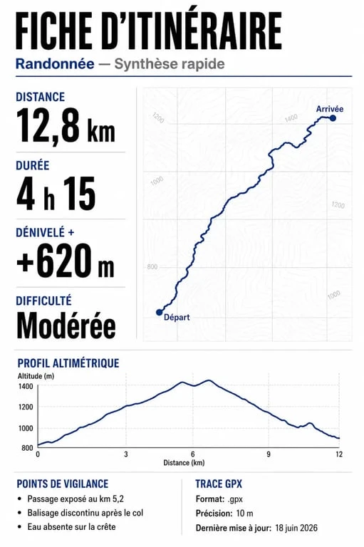 Lecture d’une fiche d’itinéraire dans une application randonnée avec distance, durée et profil altimétrique