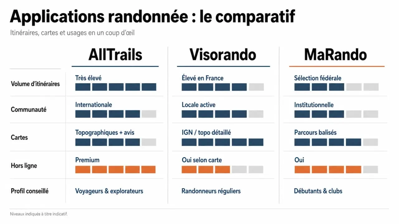 Comparatif visuel des applications randonnée AllTrails, Visorando et MaRando avec fonctionnalités clés