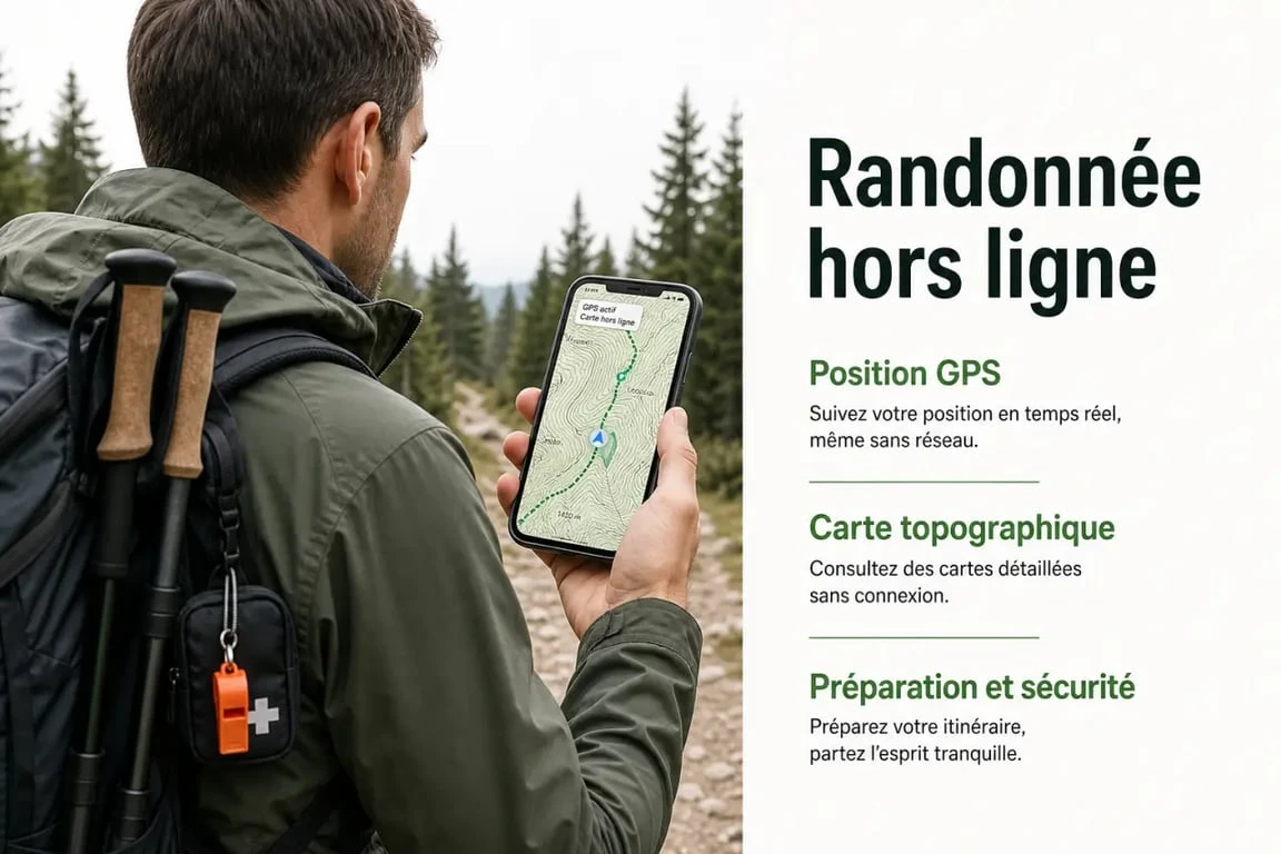 Utilisation hors ligne d’une application randonnée sur sentier avec GPS et carte topographique