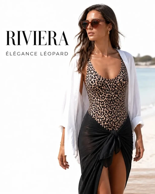 Maillot de bain leopard une pièce porté dans une tenue de plage chic avec chemise blanche et paréo noir