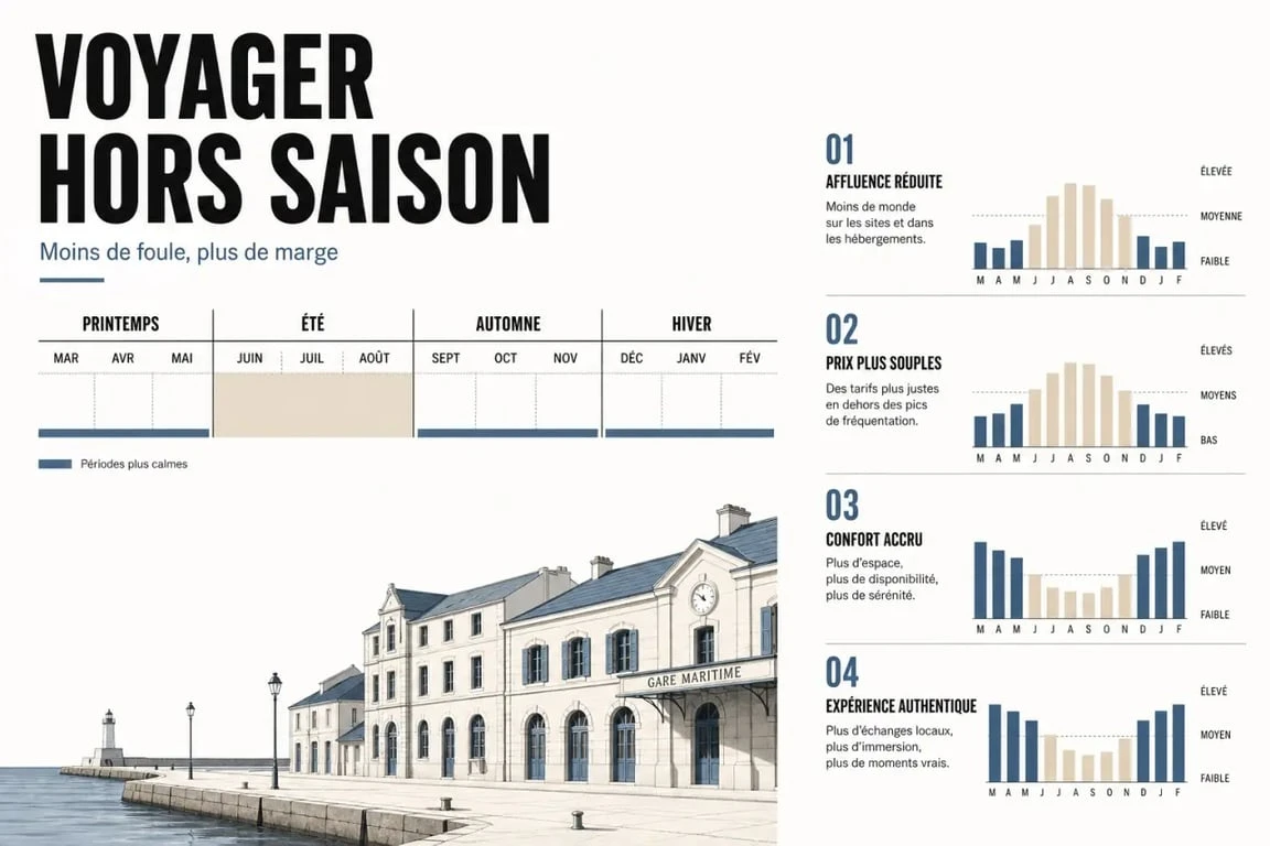 Voyager hors saison : les avantages illustrés par un calendrier saisonnier et des scènes de voyage apaisées
