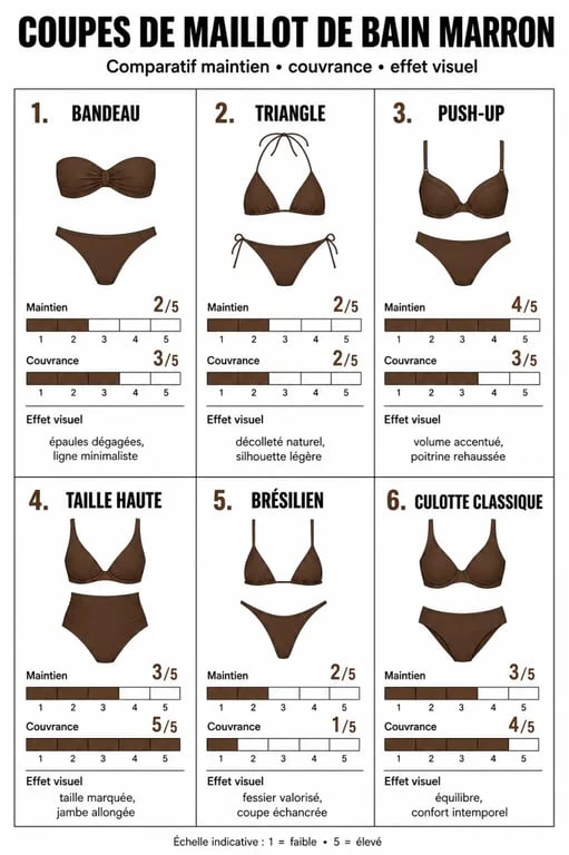 Comparatif des coupes de maillot de bain marron selon maintien et couvrance
