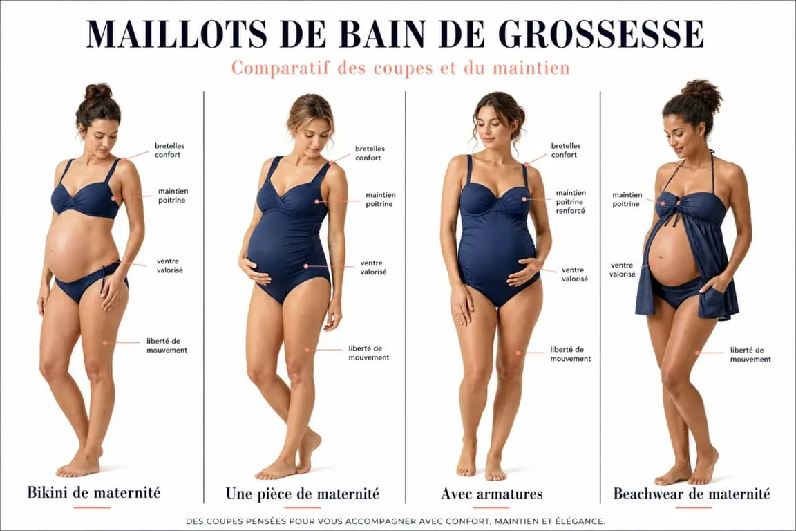 Maillot de bain grossesse : comparaison visuelle des modèles bikini, une pièce, avec armatures et beachwear
