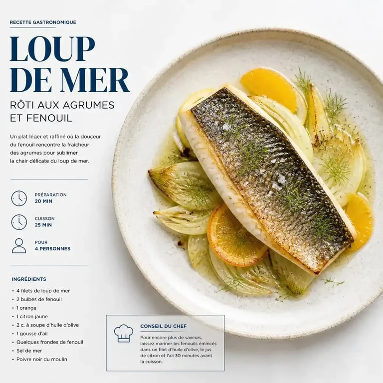 Recette du loup de mer rôti aux agrumes, spécialité du restaurant Le César à la Plage Keller.
