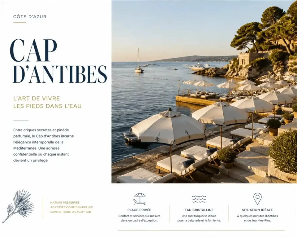 Vue panoramique de la Plage Keller au Cap d'Antibes avec ses installations haut de gamme.