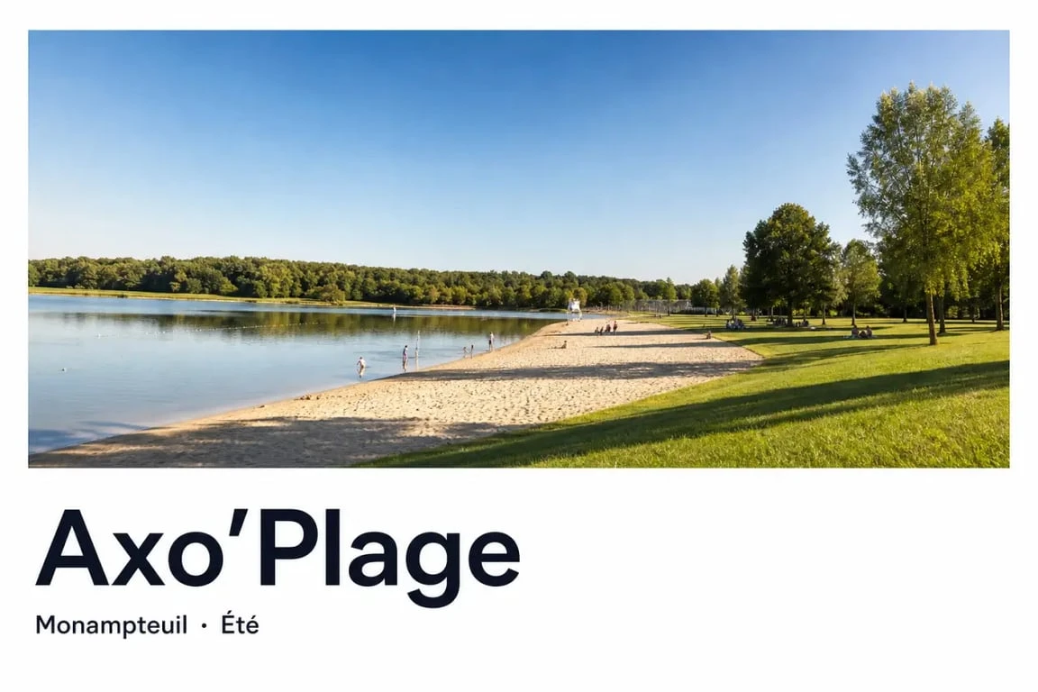 Axo plage à Monampteuil, vue panoramique de la base de loisirs au bord du lac avec plage et baignade surveillée