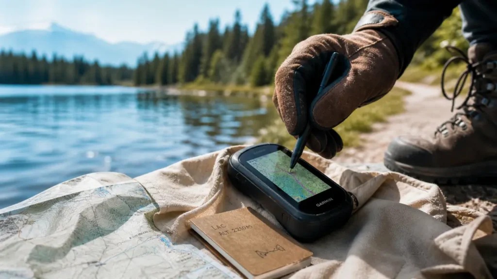 GPS randonnée sur carte au bord d’un lac pour sécuriser la randonnée