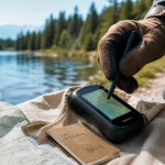 GPS randonnée sur carte au bord d’un lac pour sécuriser la randonnée