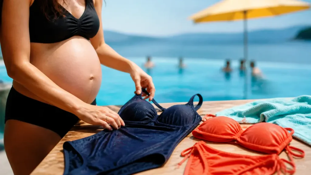 Maillot de bain grossesse : une pièce bleu nuit et bikini corail près de la piscine