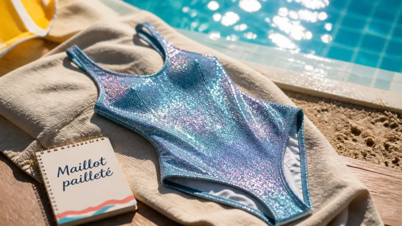Maillot de bain pailleté scintillant sur serviette de plage, bord de piscine en arrière-plan