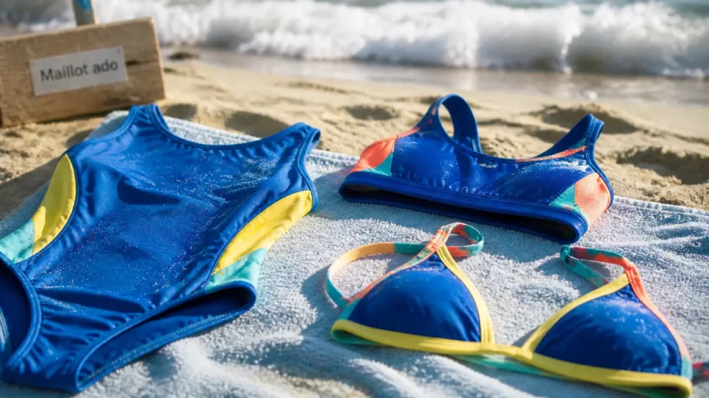 Maillot de bain pour ado : 1 pièce, bikini et brassière sur serviette