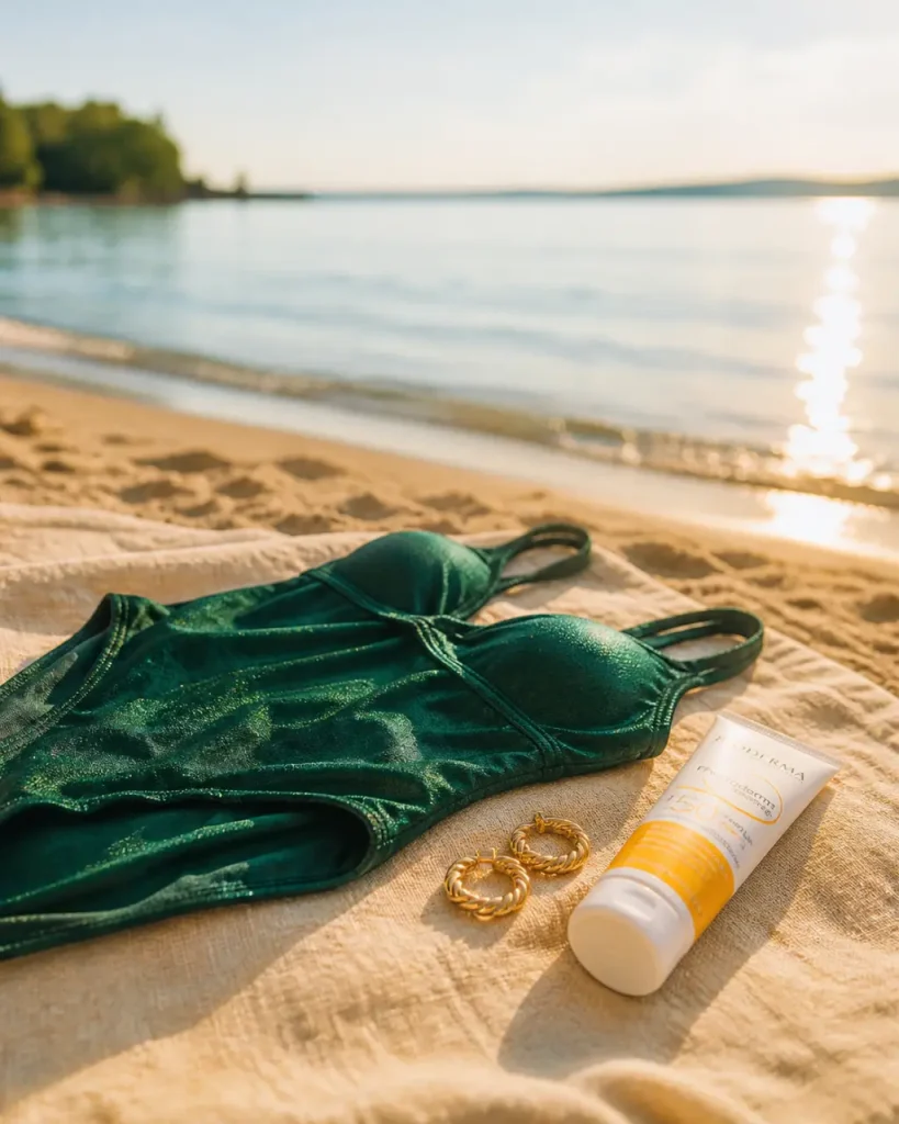 Maillot de bain vert émeraude au bord de l’eau
