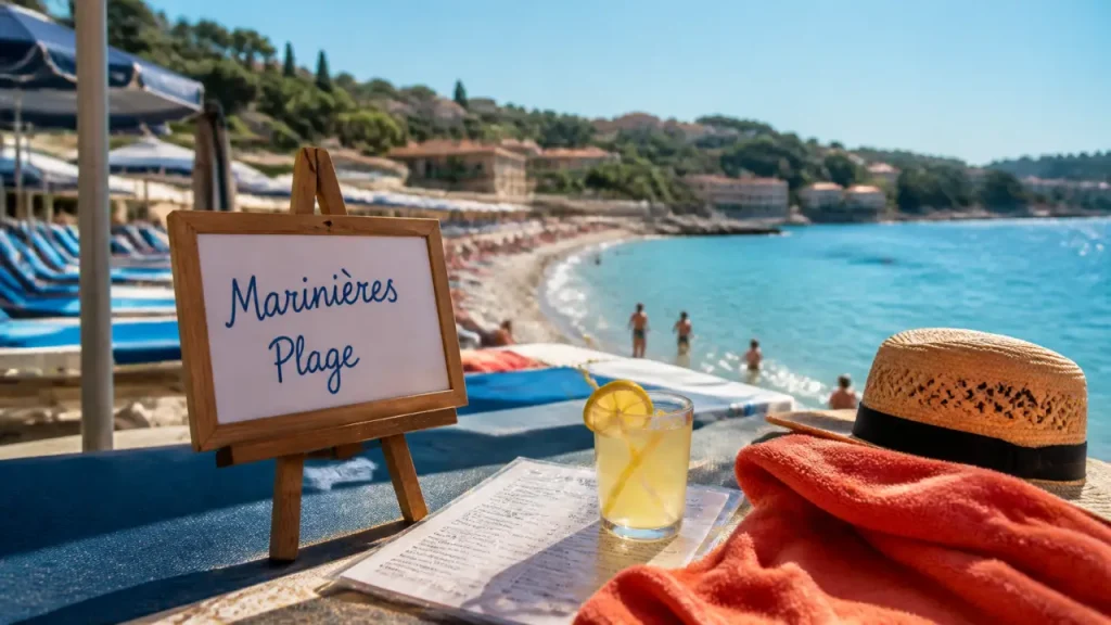 Marinières plage restaurant à Villefranche-sur-Mer, serviette corail sur la promenade