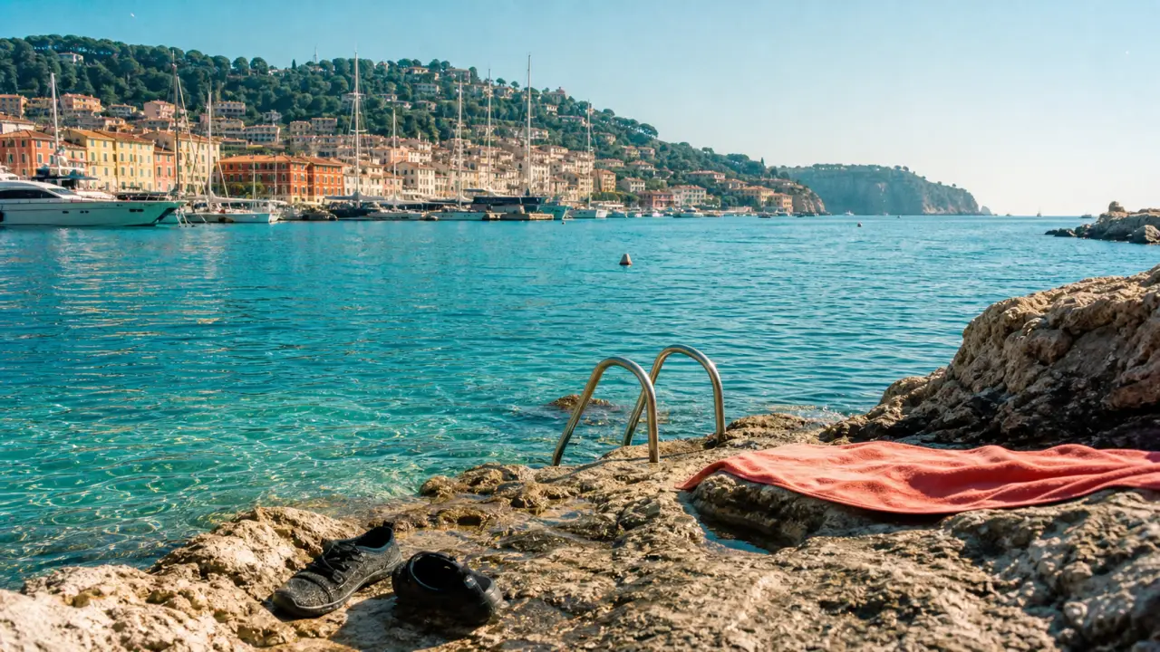 Plage de la réserve à Nice : échelle depuis les rochers vers l’eau claire