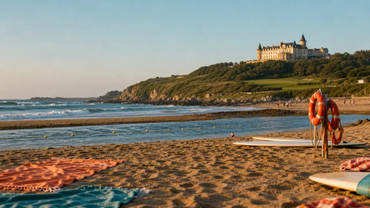 Plage d'ilbarritz au coucher du soleil, sable et surf vers l’océan