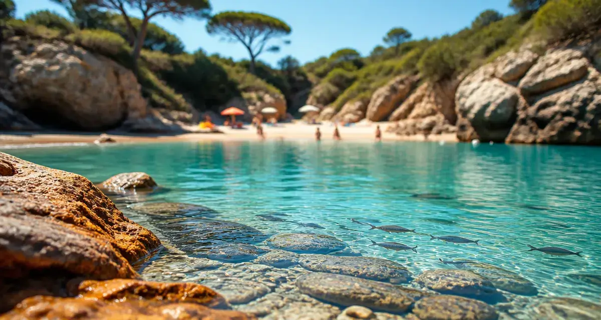 Ramatuelle plage de l'escalet, eau turquoise claire et rochers
