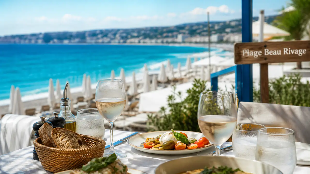 Restaurant plage Beau Rivage à Nice, table terrasse face à la mer