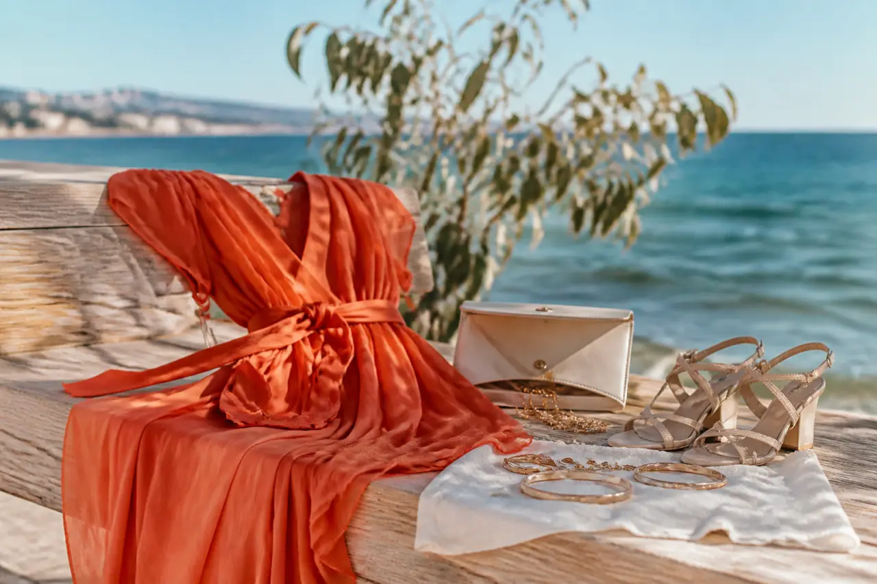 Robe terracotta cérémonie au bord de l’eau, sandales nude et bijoux dorés
