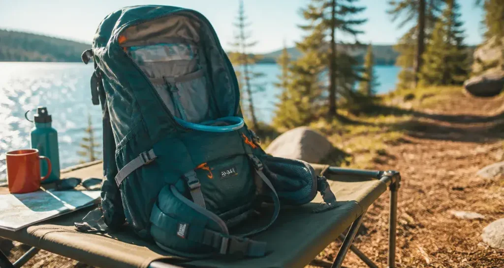 Sac de randonnée 20–30 L ouvert près d’un lac, sangles et ceinture ventrale