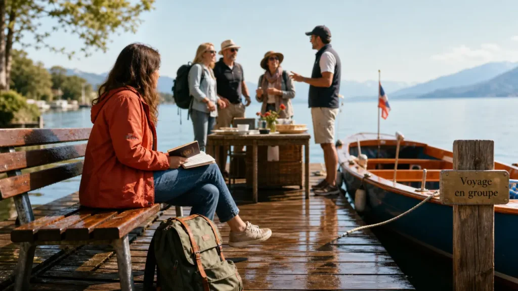 Voyage solo en groupe : femme seule, groupe et accompagnateur au quai