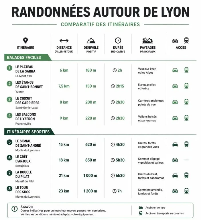 Infographie comparative des randonnées autour de Lyon selon la distance, le dénivelé et la difficulté
