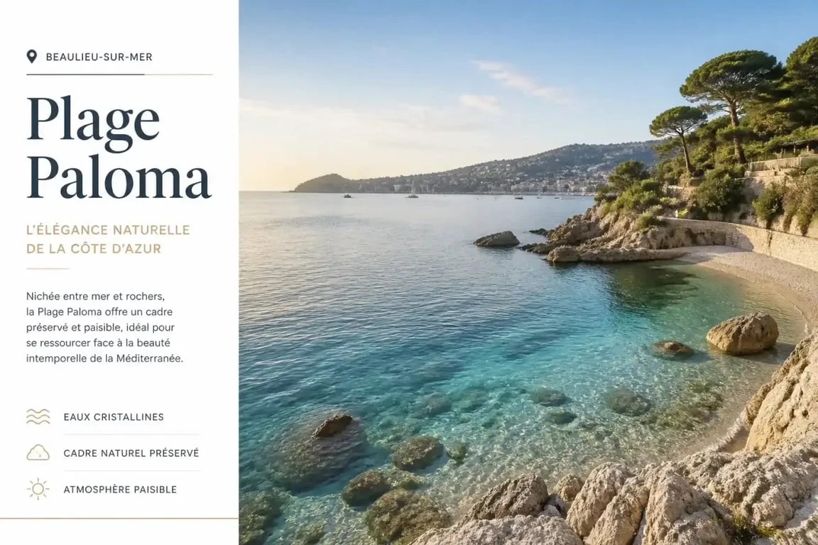 Vue panoramique de la Plage Paloma à Beaulieu-sur-Mer, un lieu emblématique de la Côte d'Azur