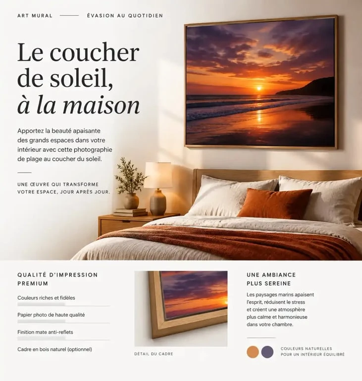 Photographie de plage au coucher de soleil pour une ambiance chaleureuse en décoration intérieure