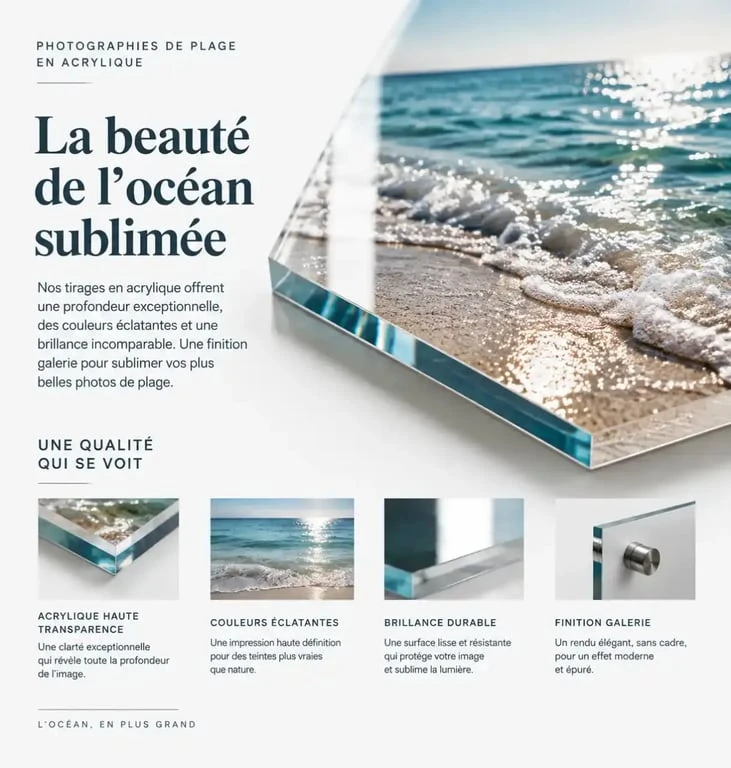 Détail d'un tirage sous acrylique d'une photographie de plage mettant en valeur la profondeur et la brillance