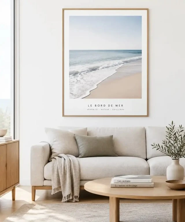 Photographie de plage minimaliste dans un salon moderne pour une décoration murale épurée