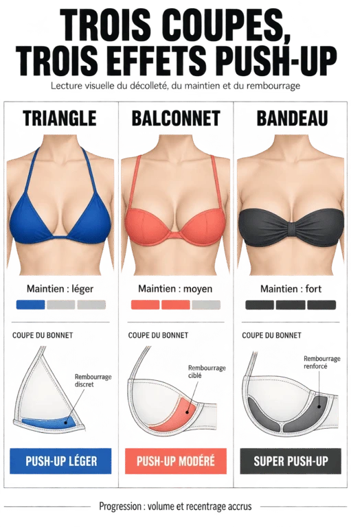 Maillot de bain push up : comparaison visuelle des coupes triangle, balconnet et bandeau