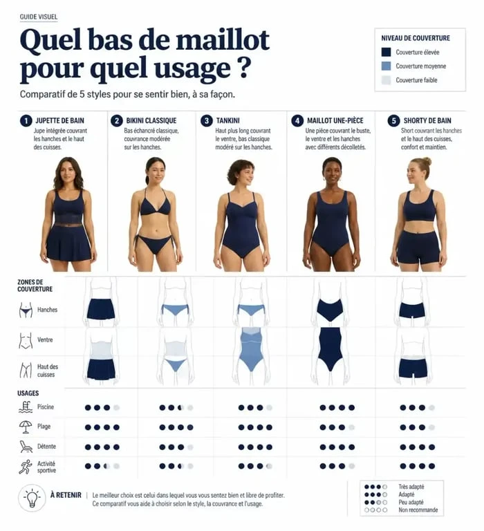 Infographie comparative d'une jupette pour maillot de bain et des principales coupes de maillot