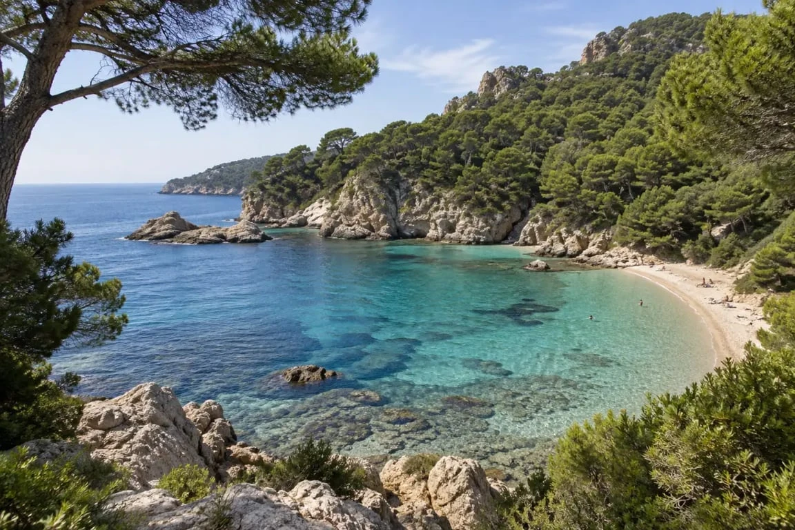 Plage Port d’Alon à Saint-Cyr-sur-Mer, crique méditerranéenne entourée de pins et de rochers