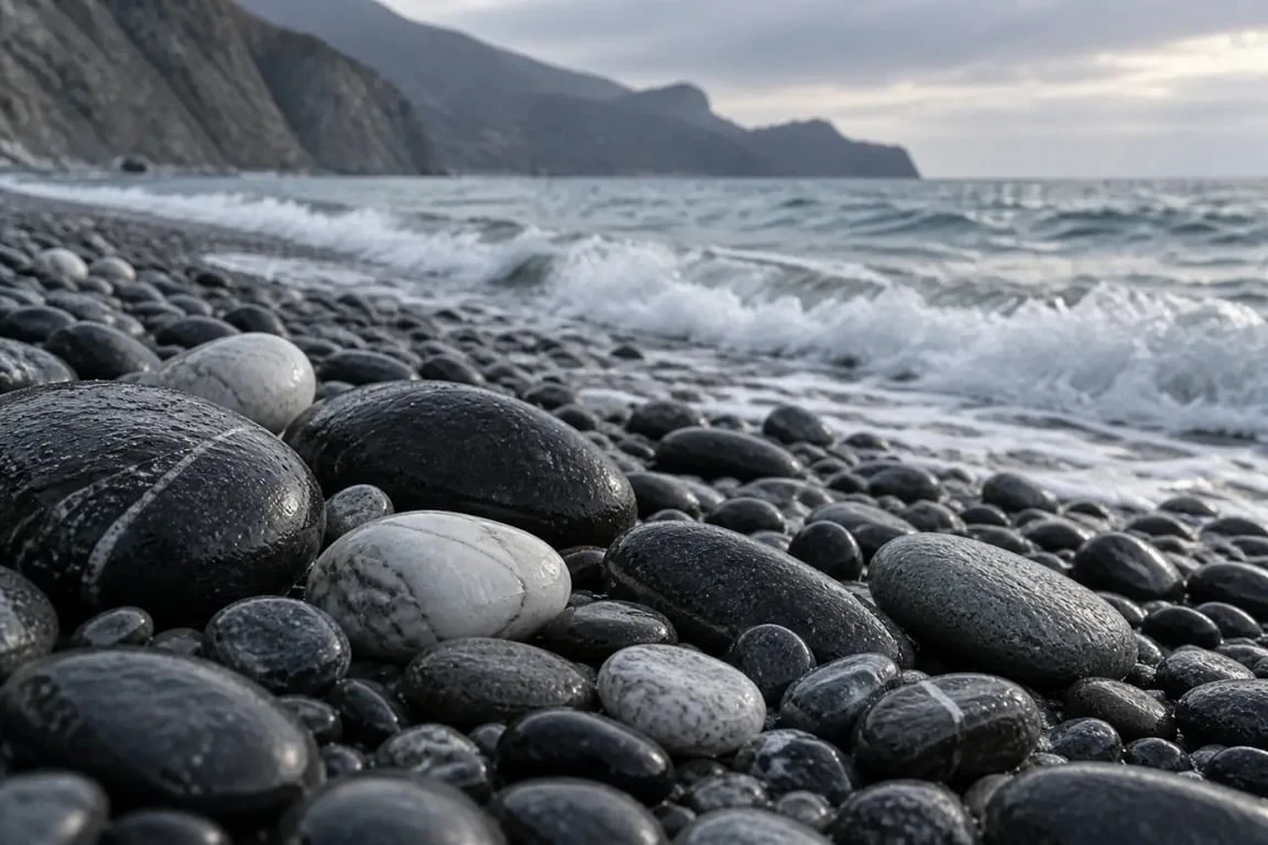 Galets noirs et blancs sur la plage de Nonza au bord de la mer