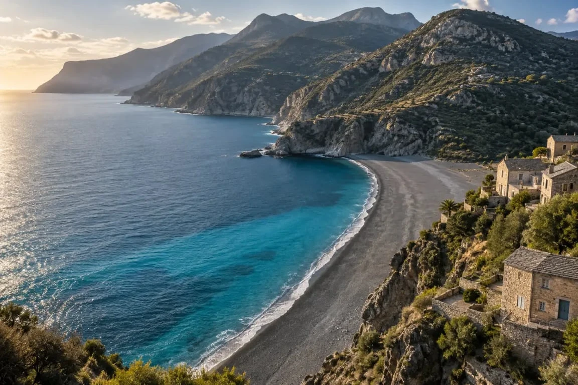 Plage de Nonza aux galets noirs vue depuis le village corse