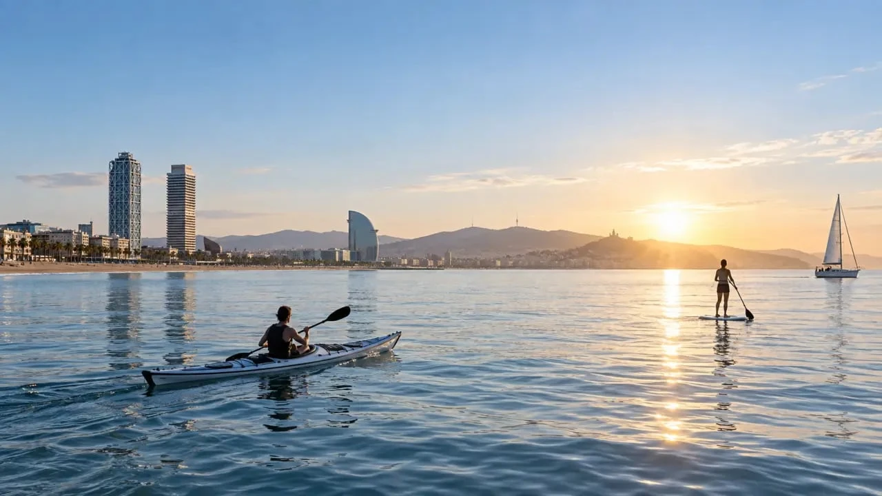Activités nautiques à Barcelone avec paddle, kayak et voilier devant le littoral urbain