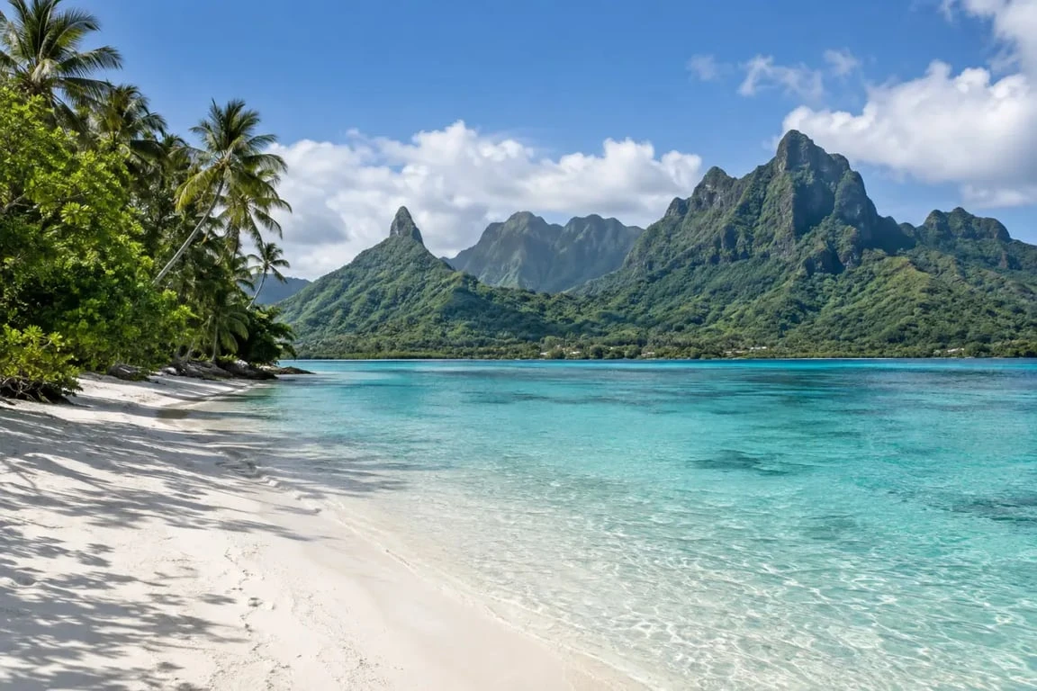 Plage de Tahiti en Polynésie française avec sable blanc, lagon turquoise et végétation tropicale