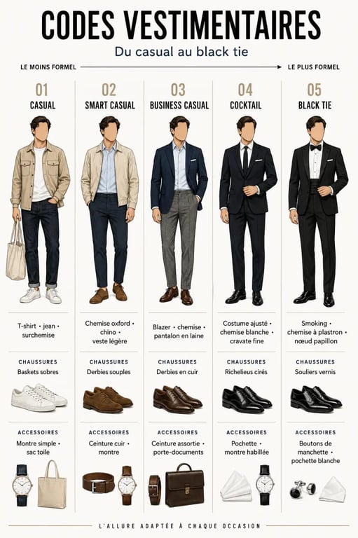 Comment bien s’habiller au quotidien selon les codes vestimentaires Casual, Smart Casual, Business Casual, Cocktail et Black Tie