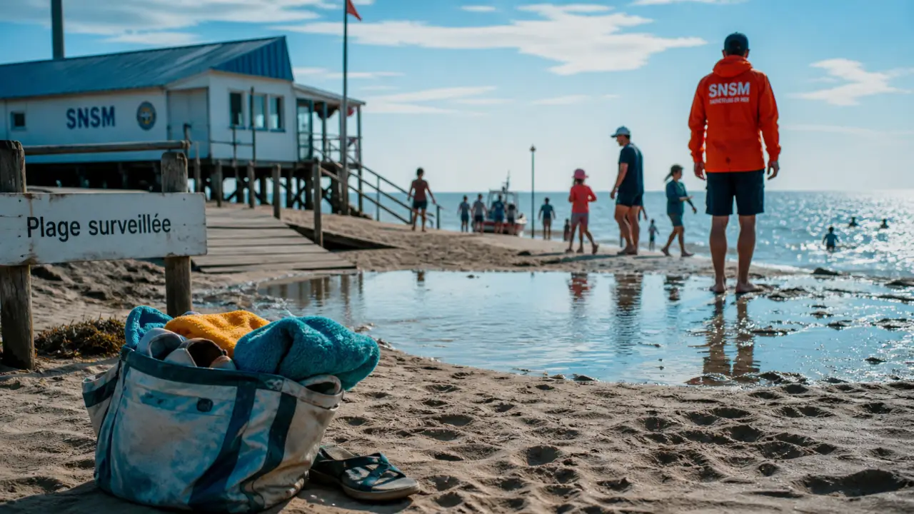 Pirou Plage, eau de mer en cuvette, sauveteur SNSM et plage surveillée