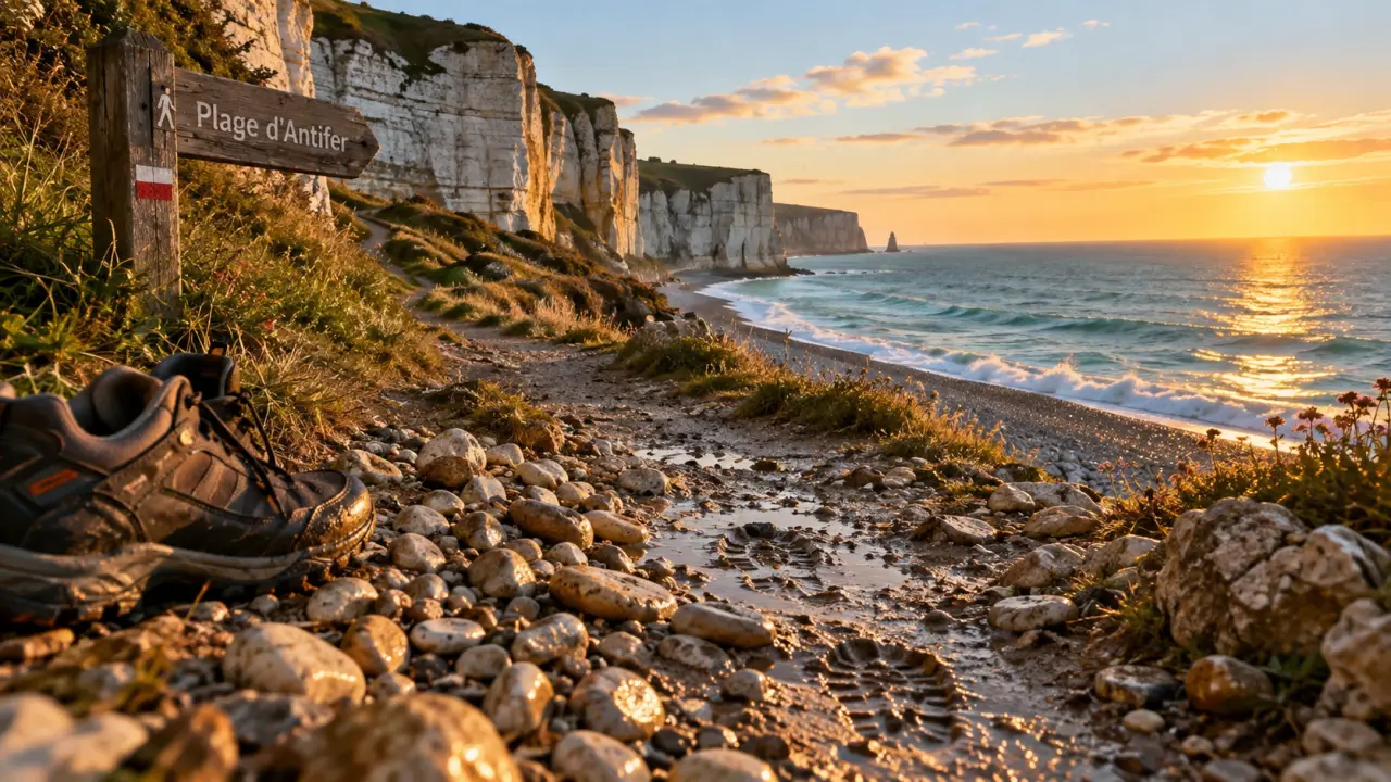 Plage d’Antifer : falaises crayeuses et galets au golden hour