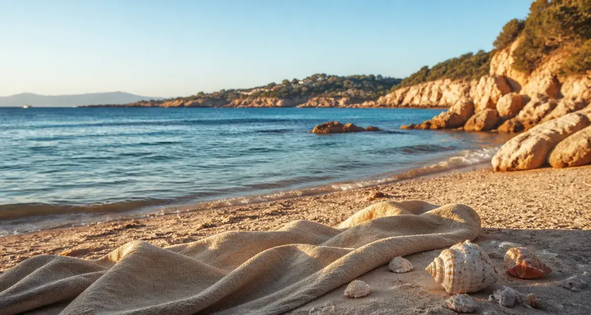 Plage de la Garoupe au Cap d’Antibes, sable et eau turquoise au coucher du soleil