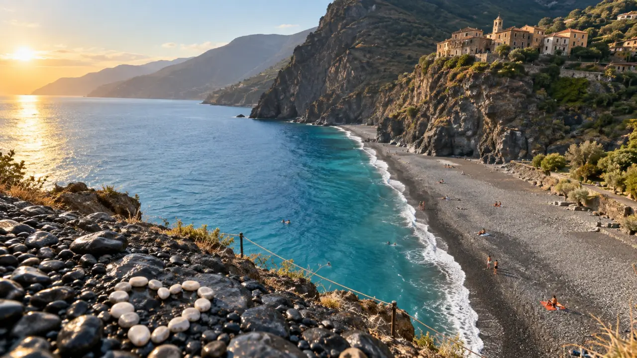 plage de nonza : galets noirs, mer turquoise et falaise