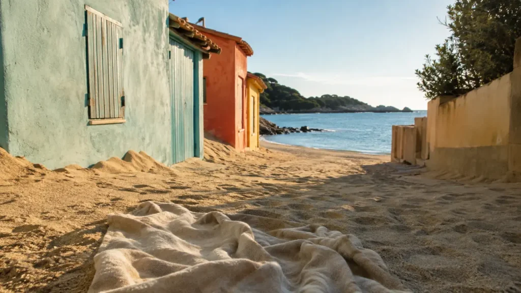 Plage du Racou : ruelle sableuse et maisonnettes vers la mer