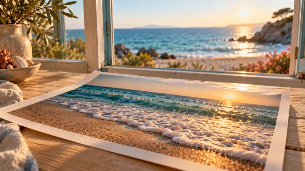 Plage photographie : tirage marin golden hour près d’une baie vitrée