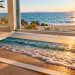 Plage photographie : tirage marin golden hour près d’une baie vitrée