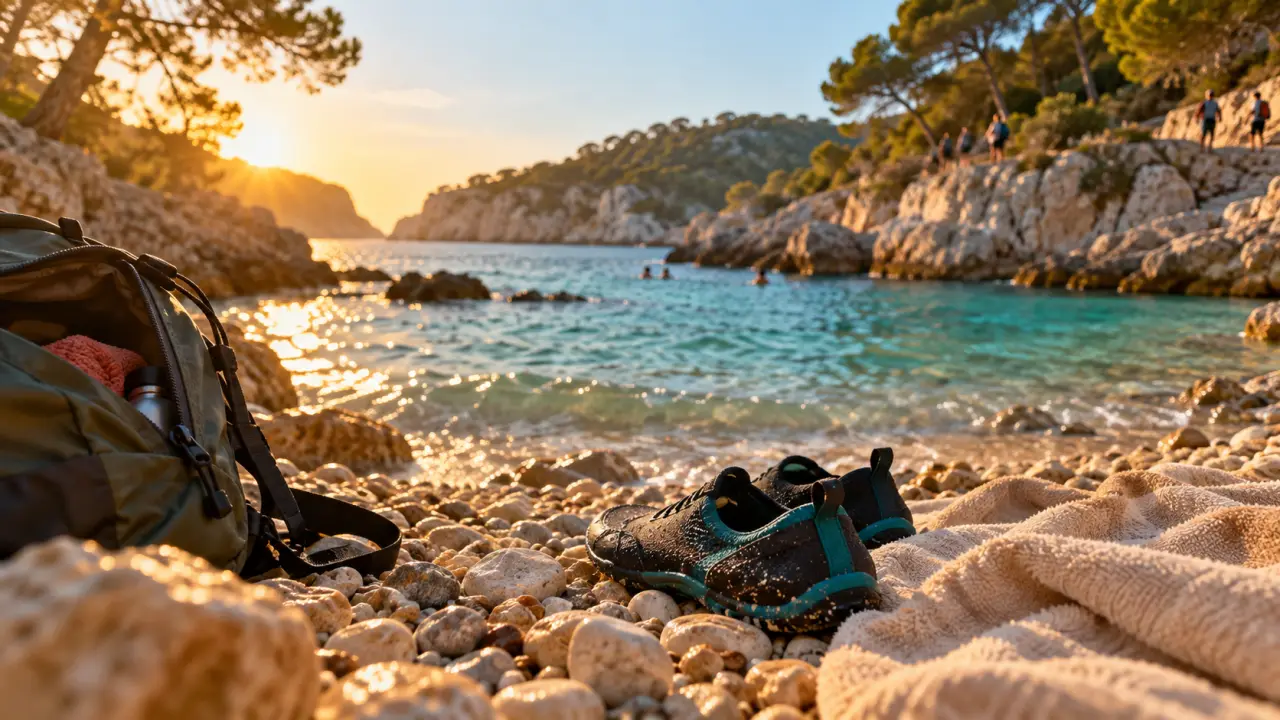 Plage port d'alon, crique naturelle turquoise au coucher du soleil