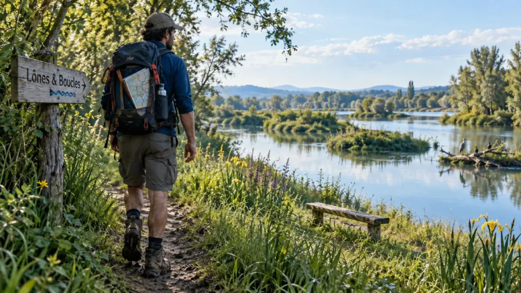 Randonnée autour de Lyon le long des lônes du vieux Rhône, sentier au bord de l’eau