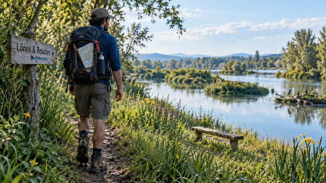 Randonnée autour de Lyon le long des lônes du vieux Rhône, sentier au bord de l’eau