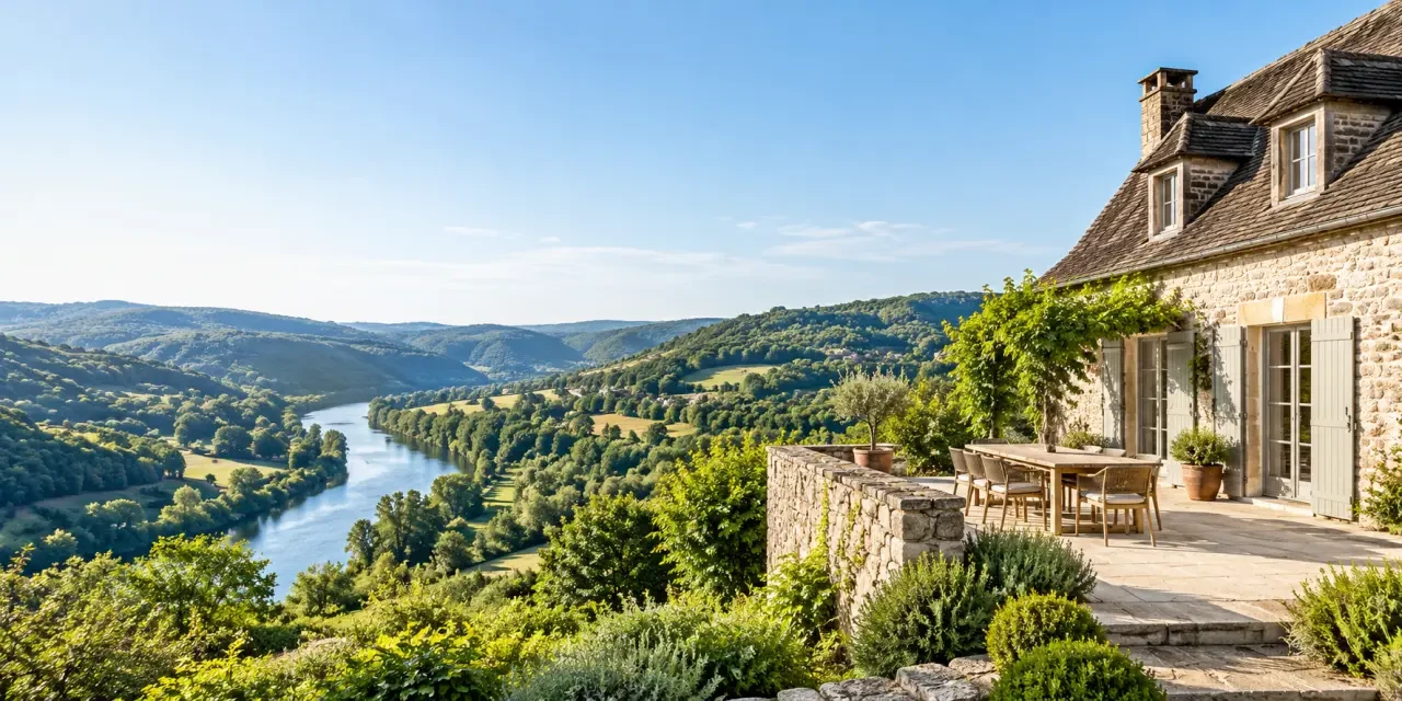 Location vacances correze dans un paysage de vallée avec maison en pierre et rivière